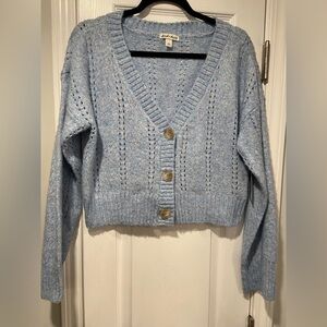 NWT Derek Heart Size M Oversized Cropped V Neck Pointelle Cardigan Light Blue